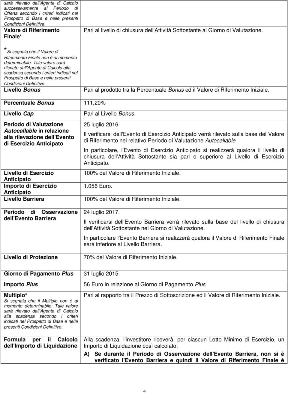 Tale valore sarà rilevato dall'agente di Calcolo alla scadenza secondo i criteri indicati nel Prospetto di Base e nelle presenti Condizioni Definitive.