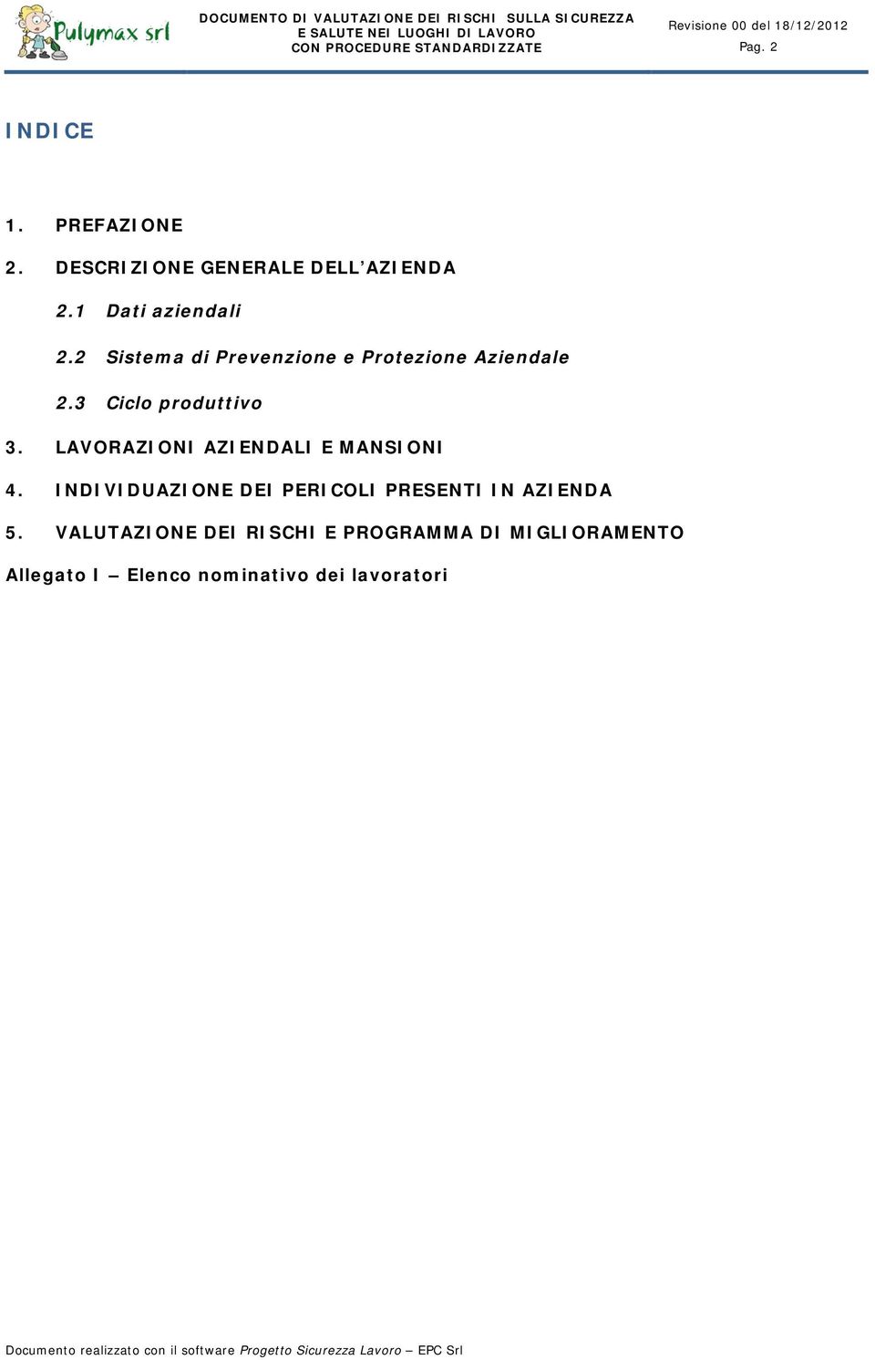 LAVORAZIONI AZIENDALI E MANSIONI 4. INDIVIDUAZIONE DEI PERICOLI PRESENTI IN AZIENDA 5.