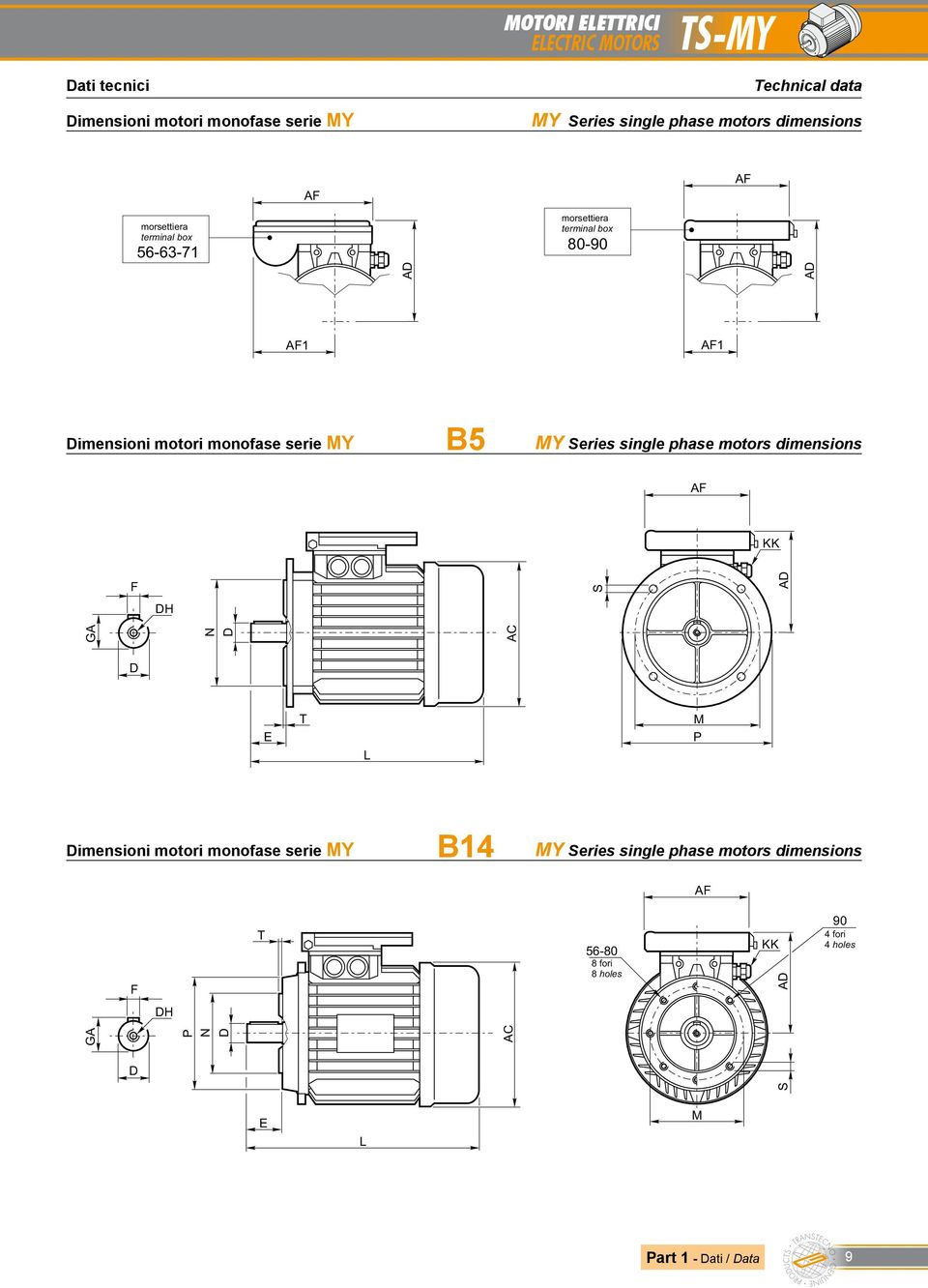 Series single phase motors dimensions AF KK F S AD DH GA N D AC D E T L M P Dimensioni motori monofase serie MY B14 MY