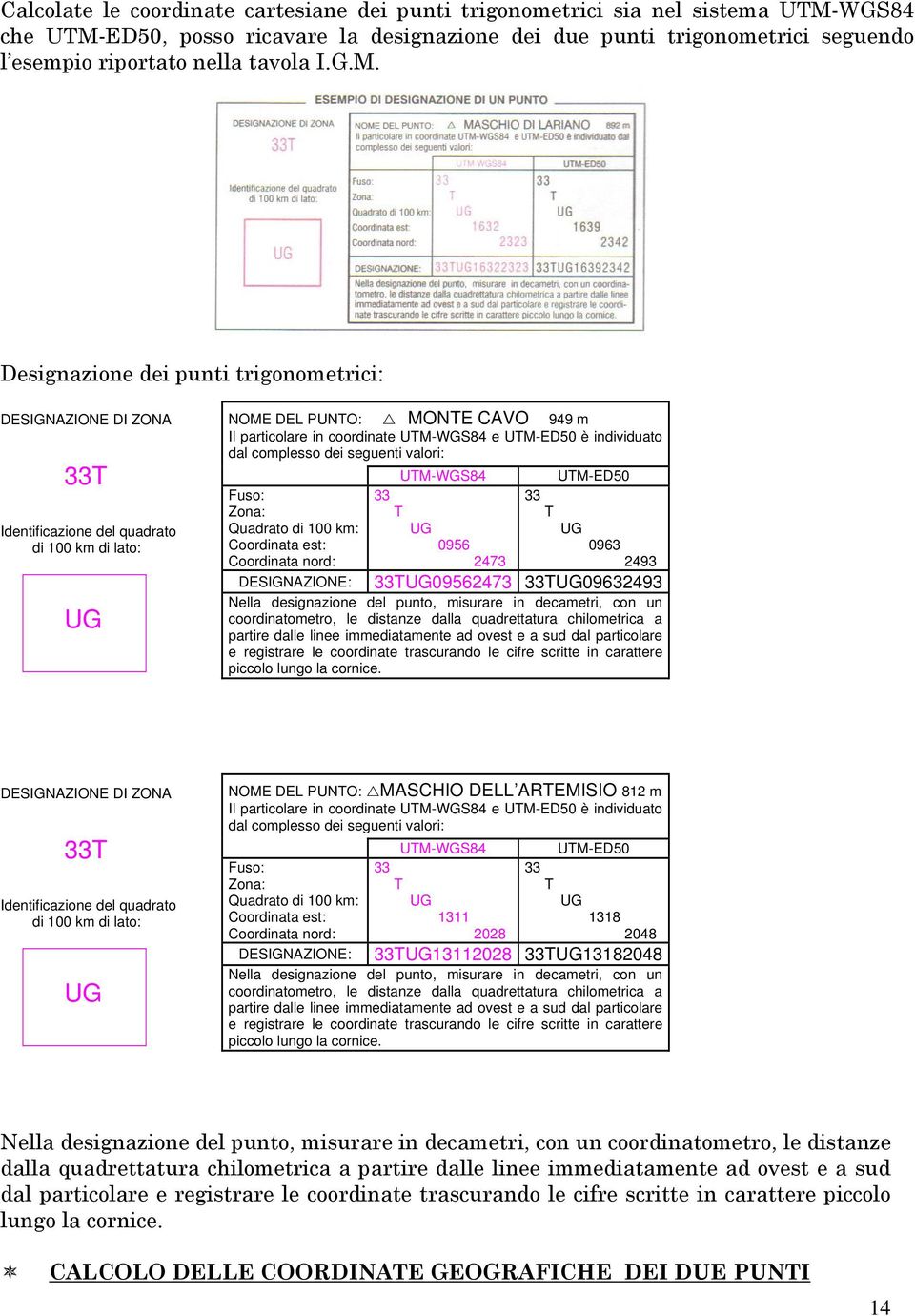 Designazione dei punti trigonometrici: DESIGNAZIONE DI ZONA 33T Identificazione del quadrato di 100 km di lato: UG NOME DEL PUNTO: MONTE CAVO 949 m Il particolare in coordinate UTM-WGS84 e UTM-ED50 è