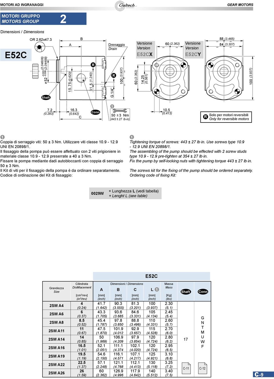 413) Solo per motori reversibili Only for reversible motors 1 1 oppia di serraggio viti: 50 ± 3 m. Utilizzare viti classe 10.9-12.9 UI E 20898/1.