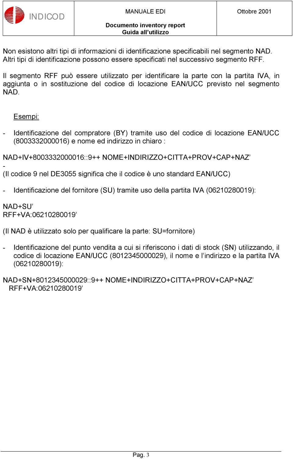 Esempi: - Identificazione del compratore (BY) tramite uso del codice di locazione EAN/UCC (8003332000016) e nome ed indirizzo in chiaro : NAD+IV+8003332000016::9++ NOME+INDIRIZZO+CITTA+PROV+CAP+NAZ -