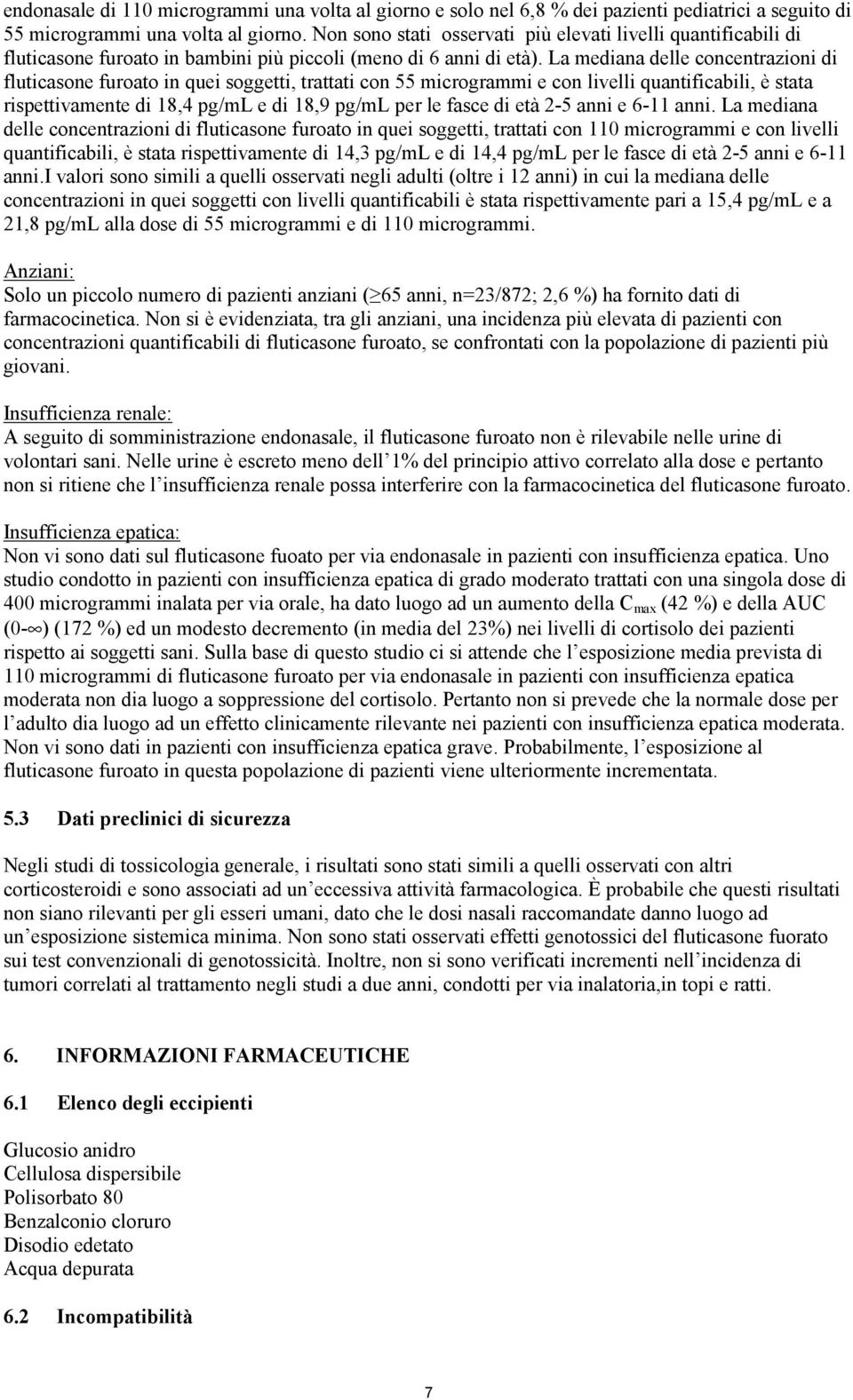 La mediana delle concentrazioni di fluticasone furoato in quei soggetti, trattati con 55 microgrammi e con livelli quantificabili, è stata rispettivamente di 18,4 pg/ml e di 18,9 pg/ml per le fasce