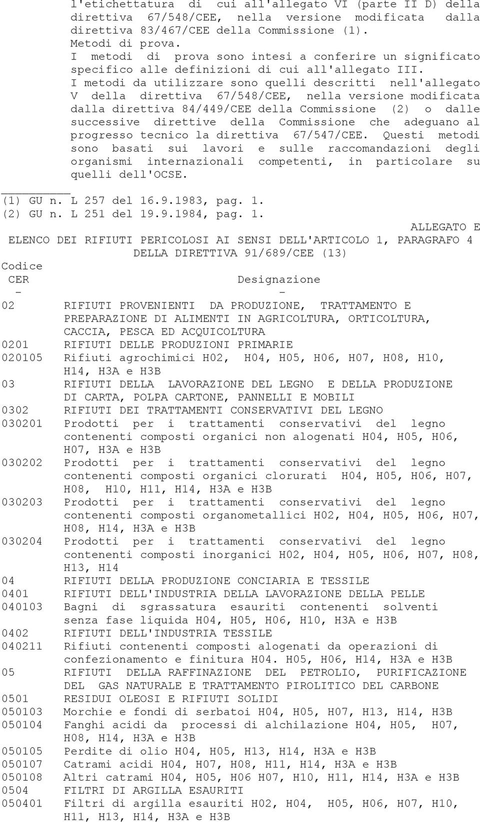 I metodi da utilizzare sono quelli descritti nell'allegato V della direttiva 67/548/CEE, nella versione modificata dalla direttiva 84/449/CEE della Commissione (2) o dalle successive direttive della