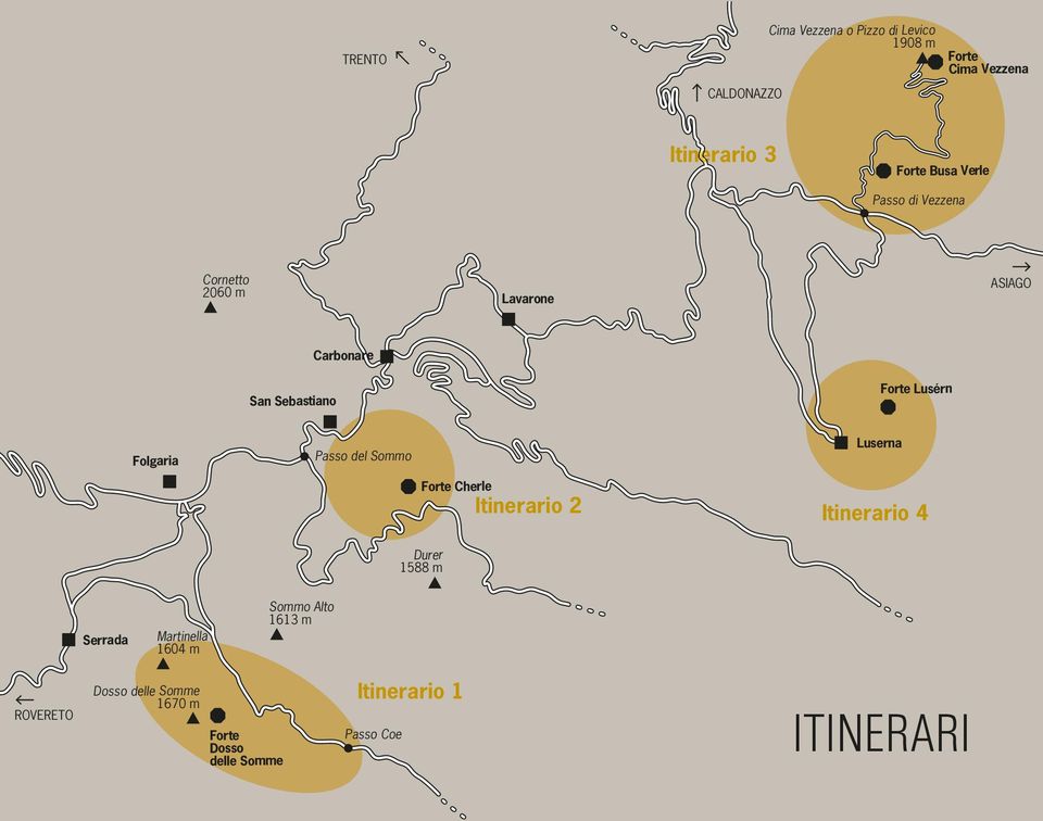 Passo del Sommo Luserna Forte Cherle Itinerario 2 Itinerario 4 Durer 1588 m Serrada Martinella 1604 m