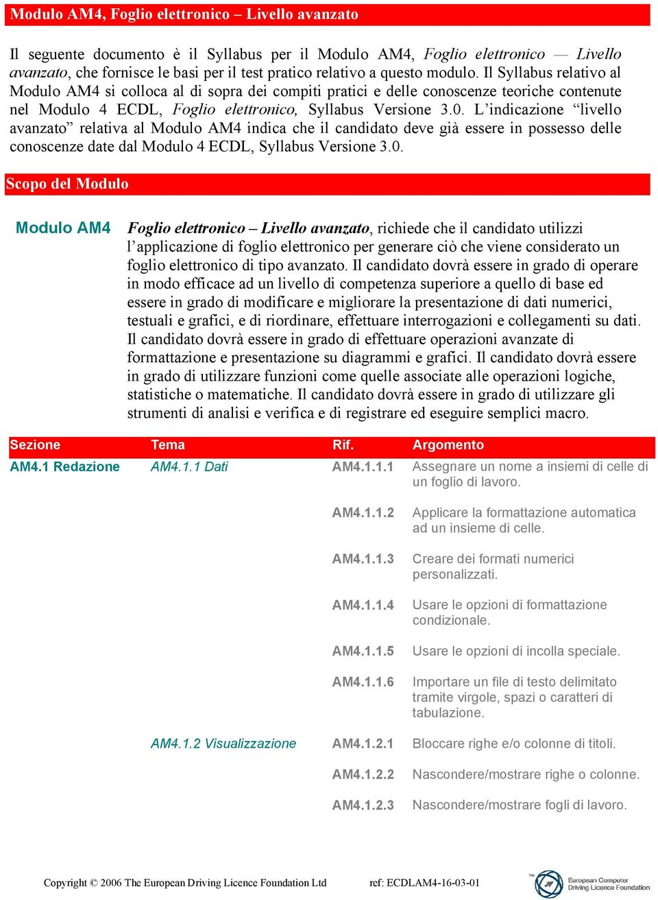 L indicazione livello avanzato relativa al Modulo AM4 indica che il candidato deve già essere in possesso delle conoscenze date dal Modulo 4 ECDL, Syllabus Versione 3.0.