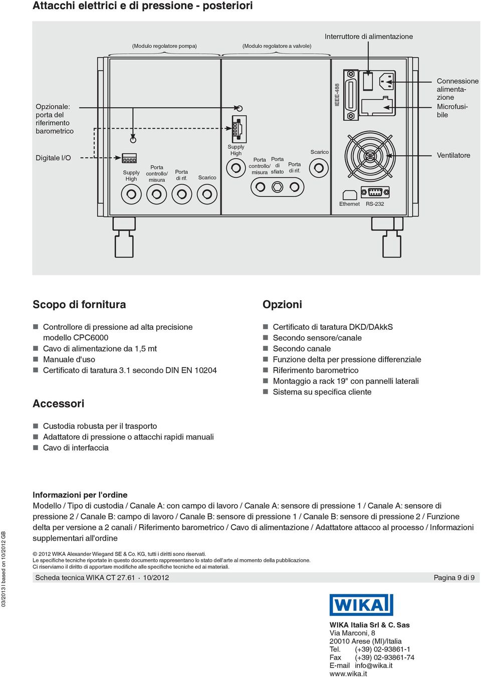 Scarico Ventilatore Ethernet RS-232 Scopo di fornitura Controllore di pressione ad alta precisione modello CPC6000 Cavo di alimentazione da 1,5 mt Manuale d'uso Certificato di taratura 3.
