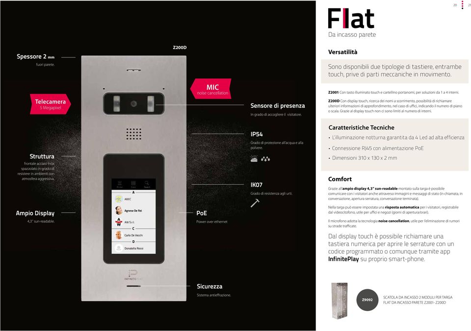 Z00D Con display touch, ricerca dei nomi a scorrimento, possibilità di richiamare ulteriori informazioni di approfondimento, nel caso di uffici, indicando il numero di piano o scala.