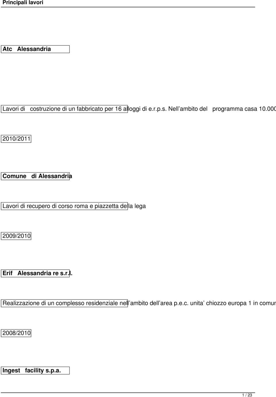 /2010 Erif Alessandria re s.r.l. Realizzazione di un complesso residenziale nell ambito dell area p.