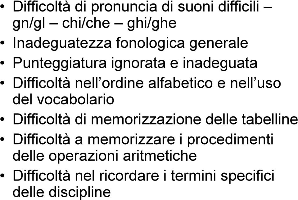 del vocabolario Difficoltà di memorizzazione delle tabelline Difficoltà a memorizzare i