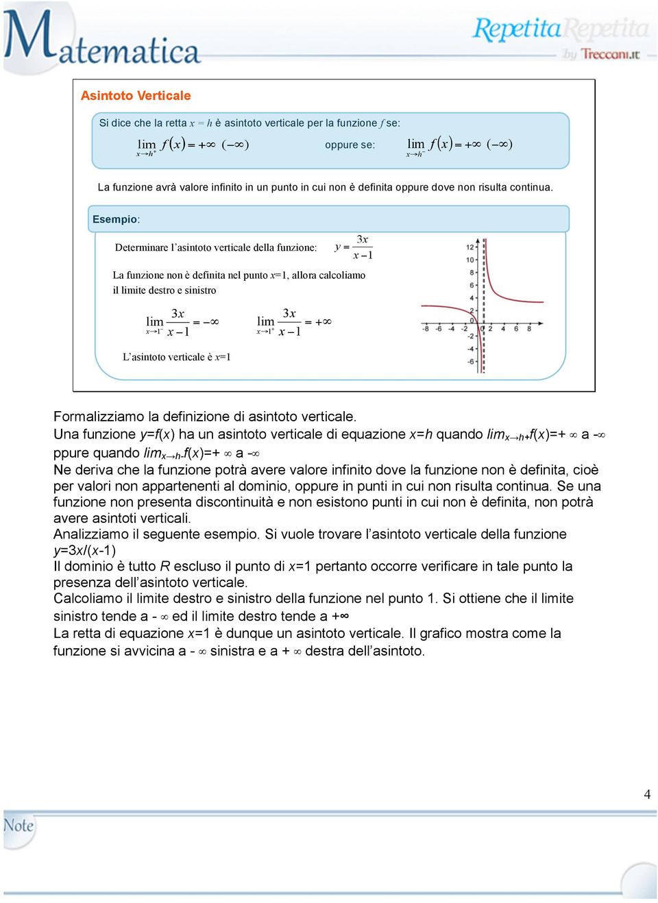 Esempio: Determinare l asintoto verticale della unzione: 3 = 1 1 3 = + + 1 1 3 y = 1 La unzione non è deinita nel punto =1, allora calcoliamo il ite destro e sinistro L asintoto verticale è =1