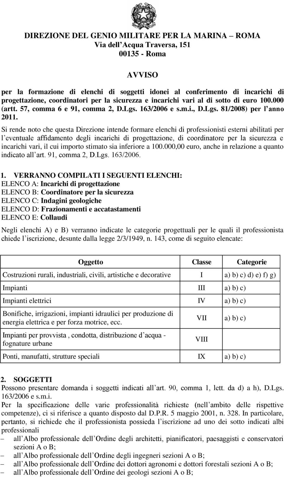 Si rende noto che questa Direzione intende formare elenchi di professionisti esterni abilitati per l eventuale affidamento degli incarichi di progettazione, di coordinatore per la sicurezza e