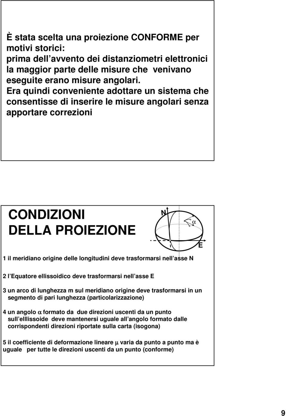 nell asse 2 l quatore ellissoidico deve trasformarsi nell asse 3 un arco di lunghezza m sul meridiano origine deve trasformarsi in un segmento di pari lunghezza (particolarizzazione) 4 un angolo α