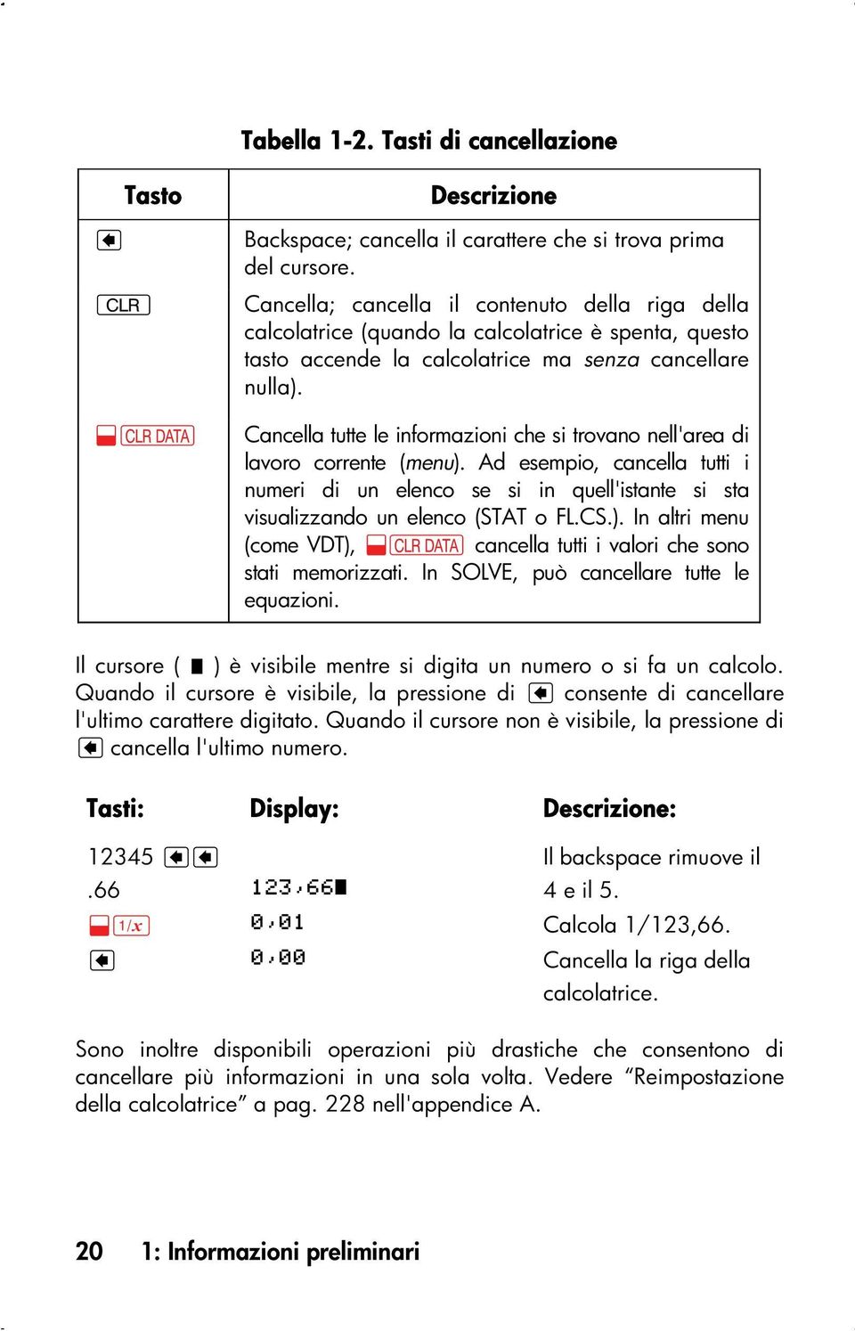 Cancella tutte le informazioni che si trovano nell'area di lavoro corrente (menu). Ad esempio, cancella tutti i numeri di un elenco se si in quell'istante si sta visualizzando un elenco (STAT o FL.CS.