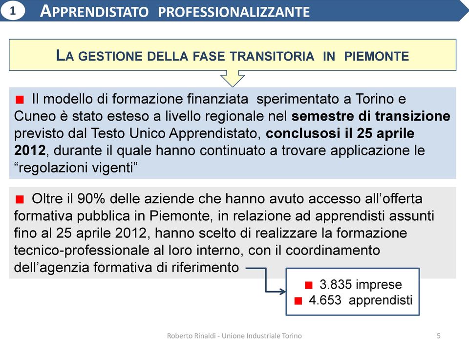 il 90% delle aziende che hanno avuto accesso all offerta formativa pubblica in Piemonte, in relazione ad apprendisti assunti fino al 25 aprile 2012, hanno scelto di realizzare la