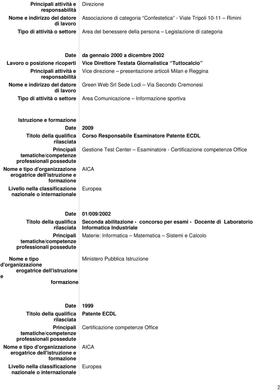 Direttore Testata Giornalistica Tuttocalcio Vice direzione presentazione articoli Milan e Reggina Green Web Srl Sede Lodi Via Secondo Cremonesi Area Comunicazione In sportiva Istruzione e Date 2009