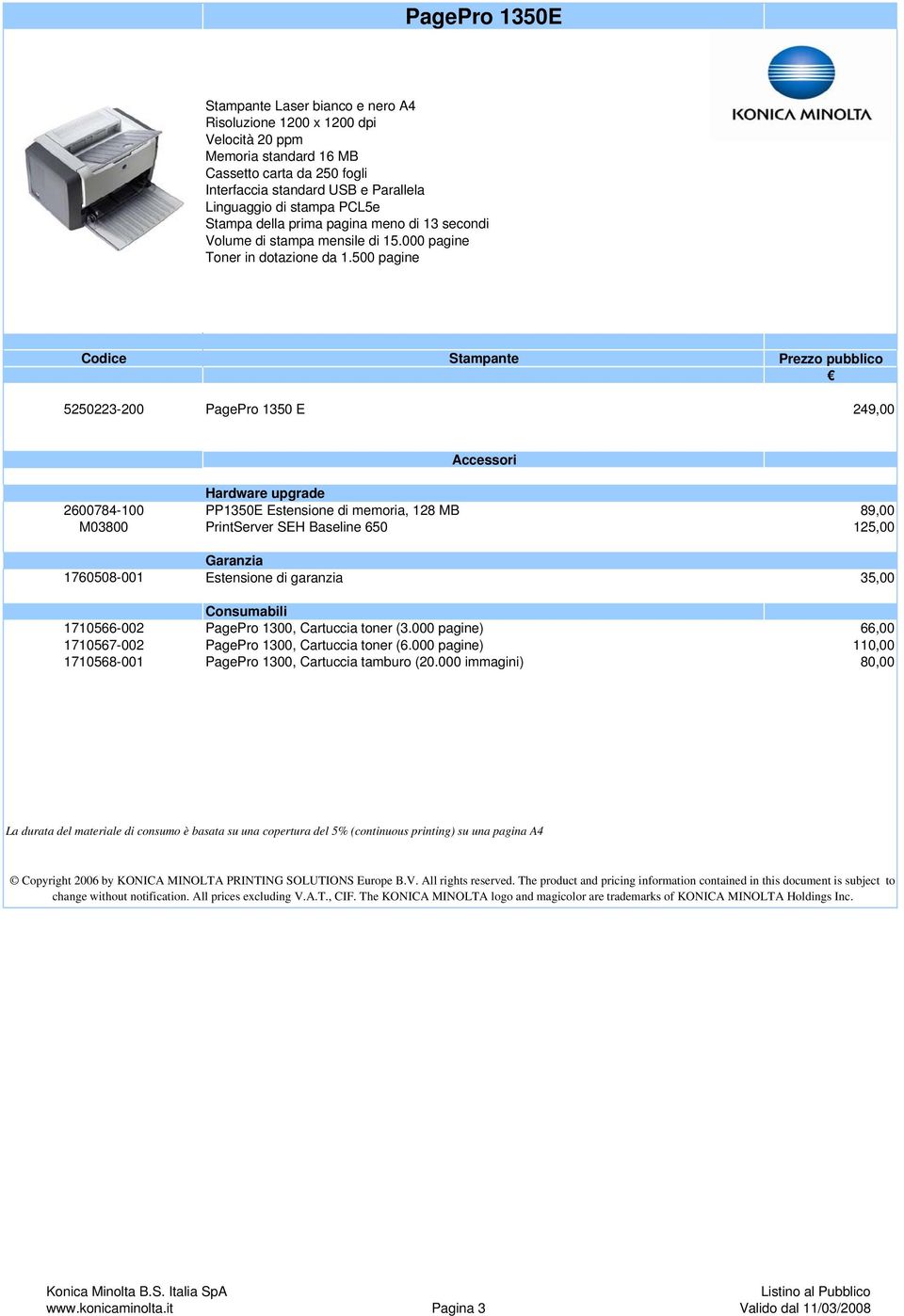 500 pagine 5250223-200 PagePro 1350 E 249,00 Hardware upgrade 2600784-100 PP1350E Estensione di memoria, 128 MB 89,00 M03800 PrintServer SEH Baseline 650 125,00 1760508-001 Estensione di garanzia