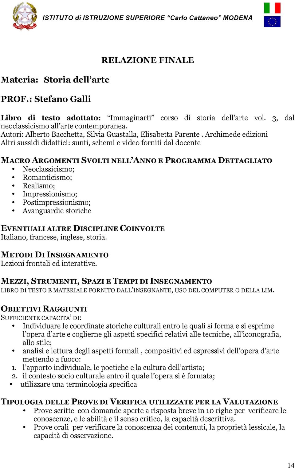 Archimede edizioni Altri sussidi didattici: sunti, schemi e video forniti dal docente MACRO ARGOMENTI SVOLTI NELL ANNO E PROGRAMMA DETTAGLIATO Neoclassicismo; Romanticismo; Realismo; Impressionismo;