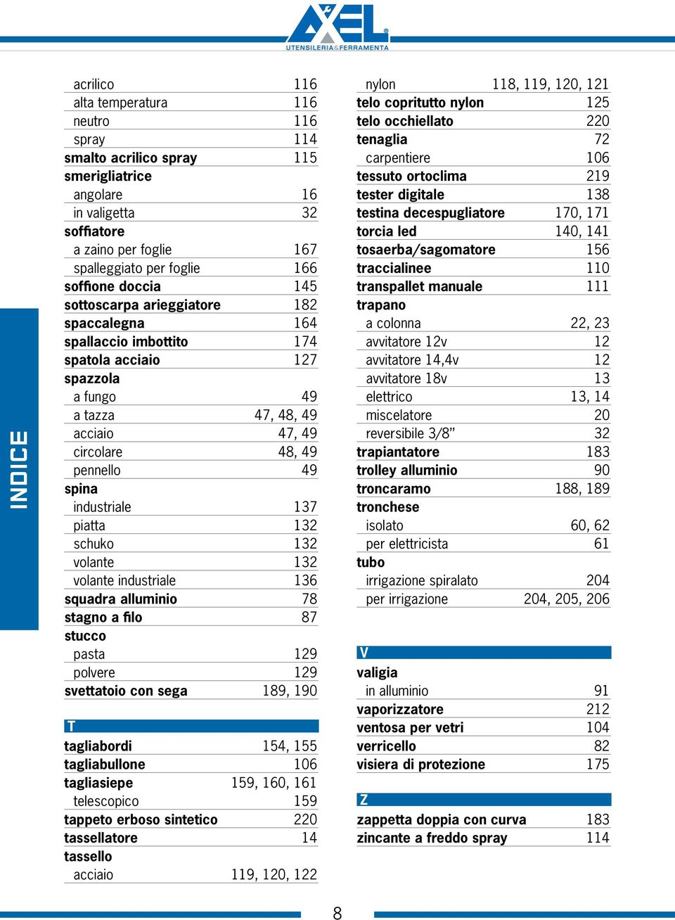 industriale 137 piatta 132 schuko 132 volante 132 volante industriale 136 squadra alluminio 78 stagno a filo 87 stucco pasta 129 polvere 129 svettatoio con sega 189, 190 T tagliabordi 154, 155