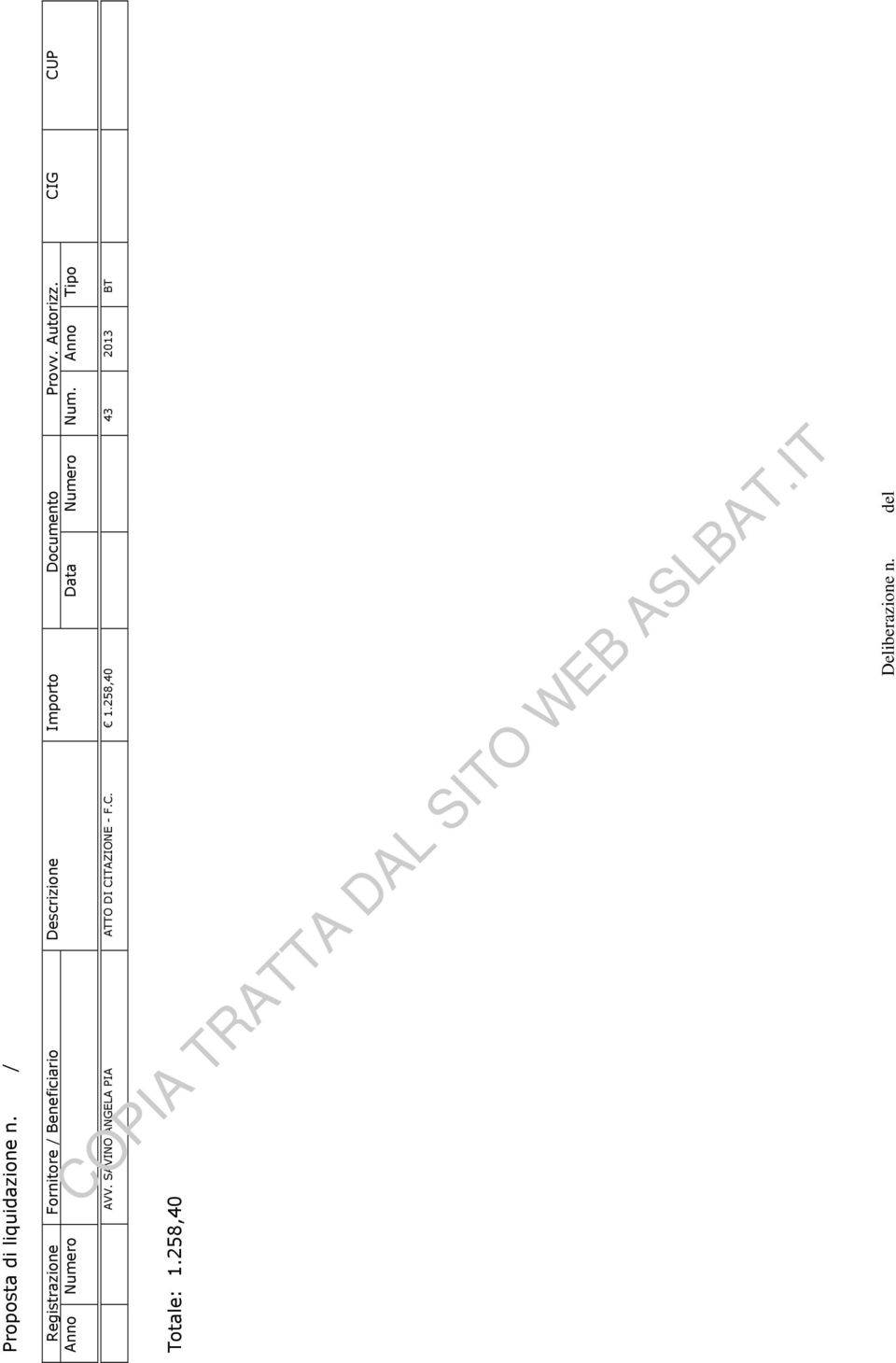 Documento Provv. Autorizz. CIG CUP Anno Numero Data Numero Num.