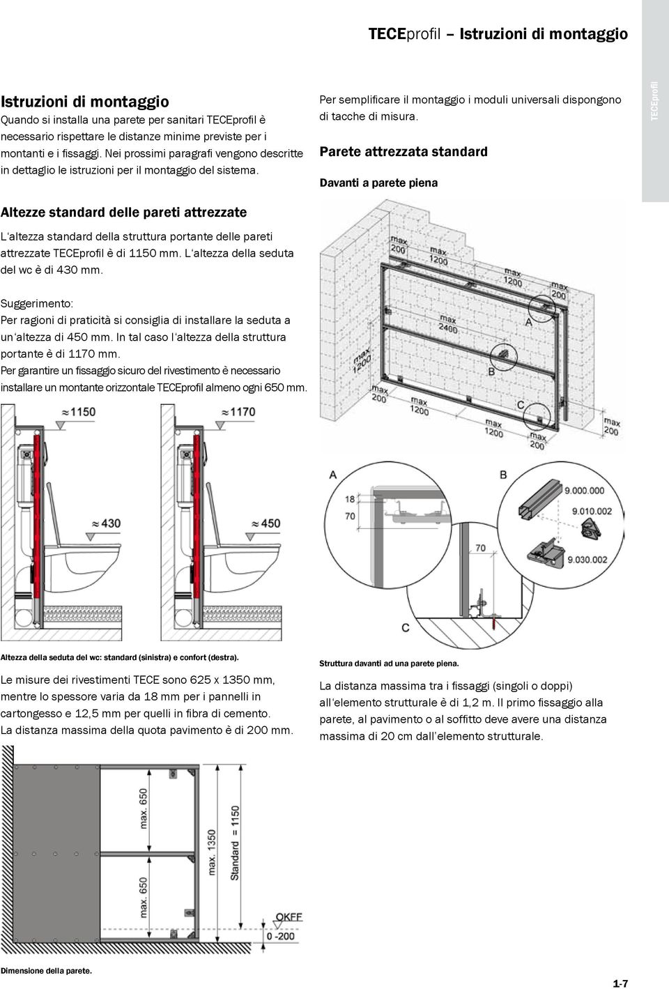 Altezze standard delle pareti attrezzate L altezza standard della struttura portante delle pareti attrezzate TECEprofil è di 1150 mm. L altezza della seduta del wc è di 430 mm.