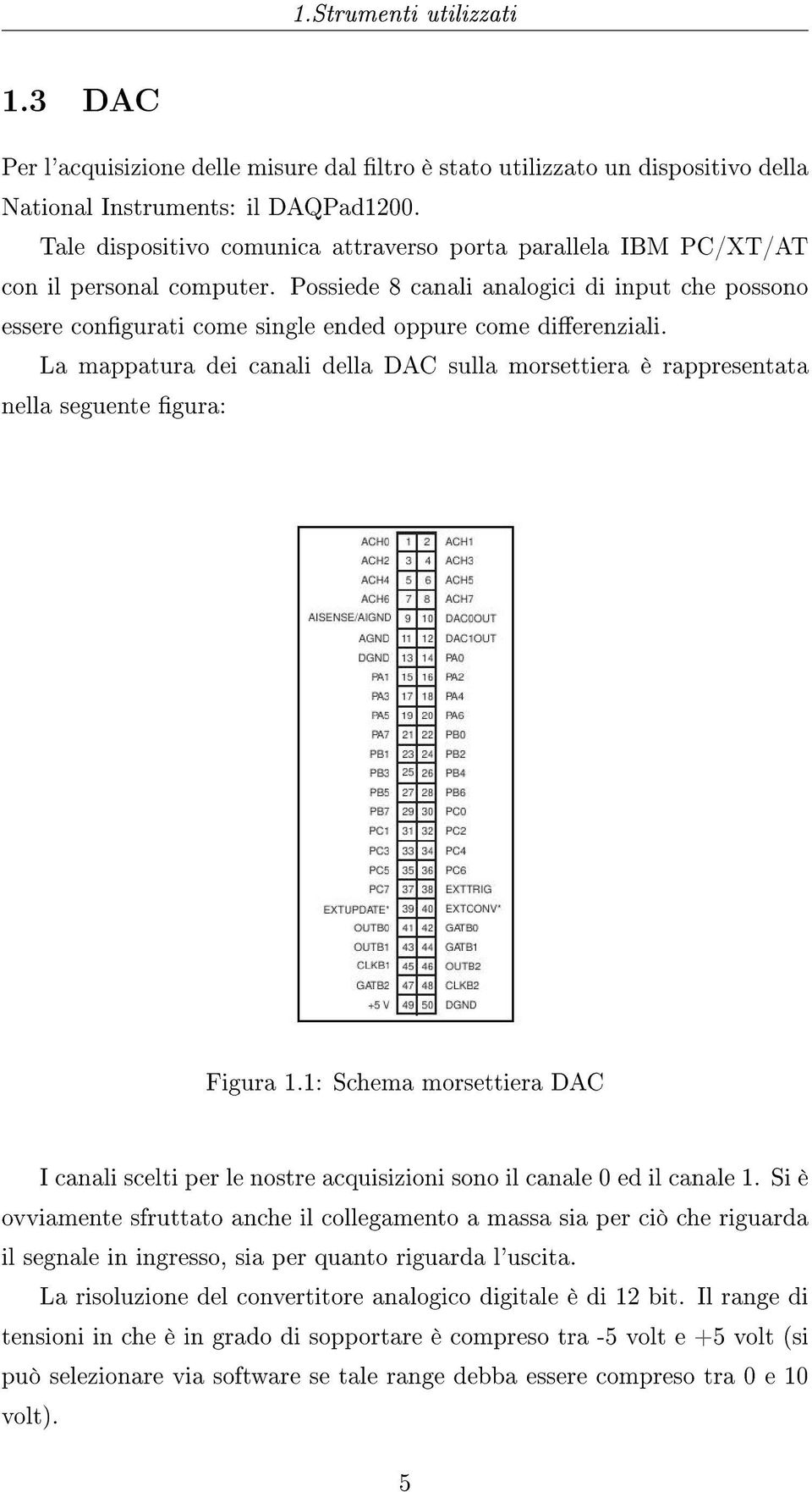 La mappatura dei canali della DAC sulla morsettiera è rappresentata nella seguente gura: Figura 1.1: Schema morsettiera DAC I canali scelti per le nostre acquisizioni sono il canale 0 ed il canale 1.