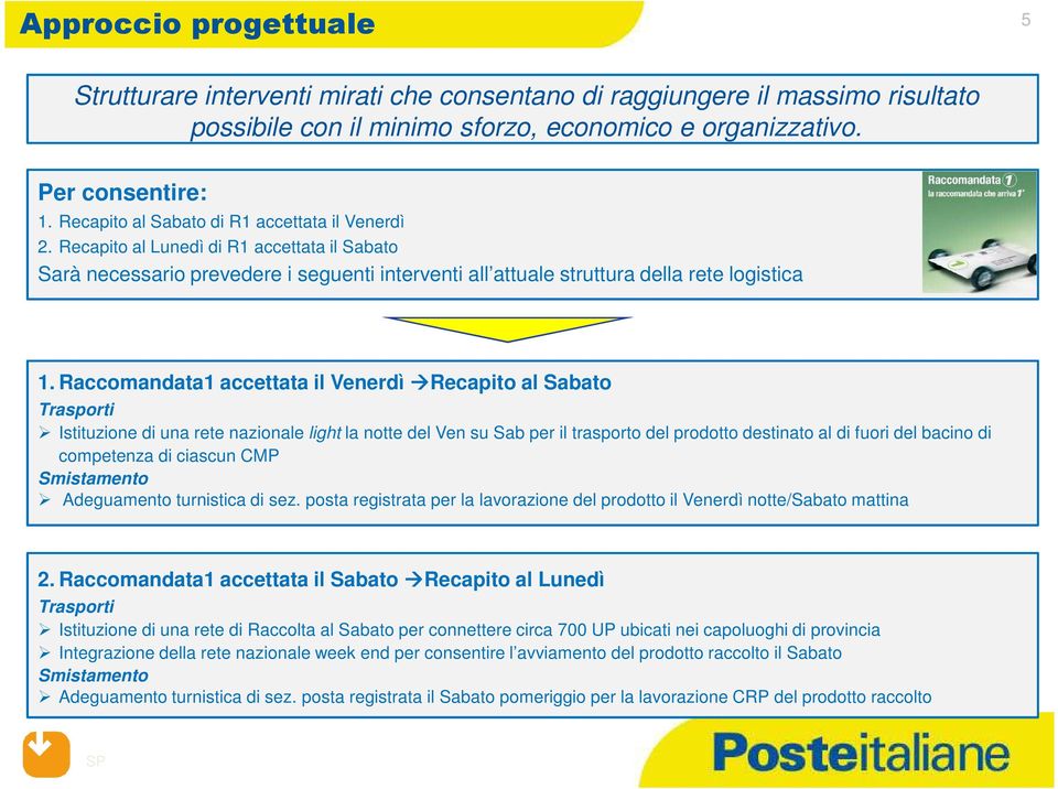 Raccomandata1 accettata il Venerdì Recapito al Sabato Trasporti Istituzione di una rete nazionale light la notte del Ven su Sab per il trasporto del prodotto destinato al di fuori del bacino di