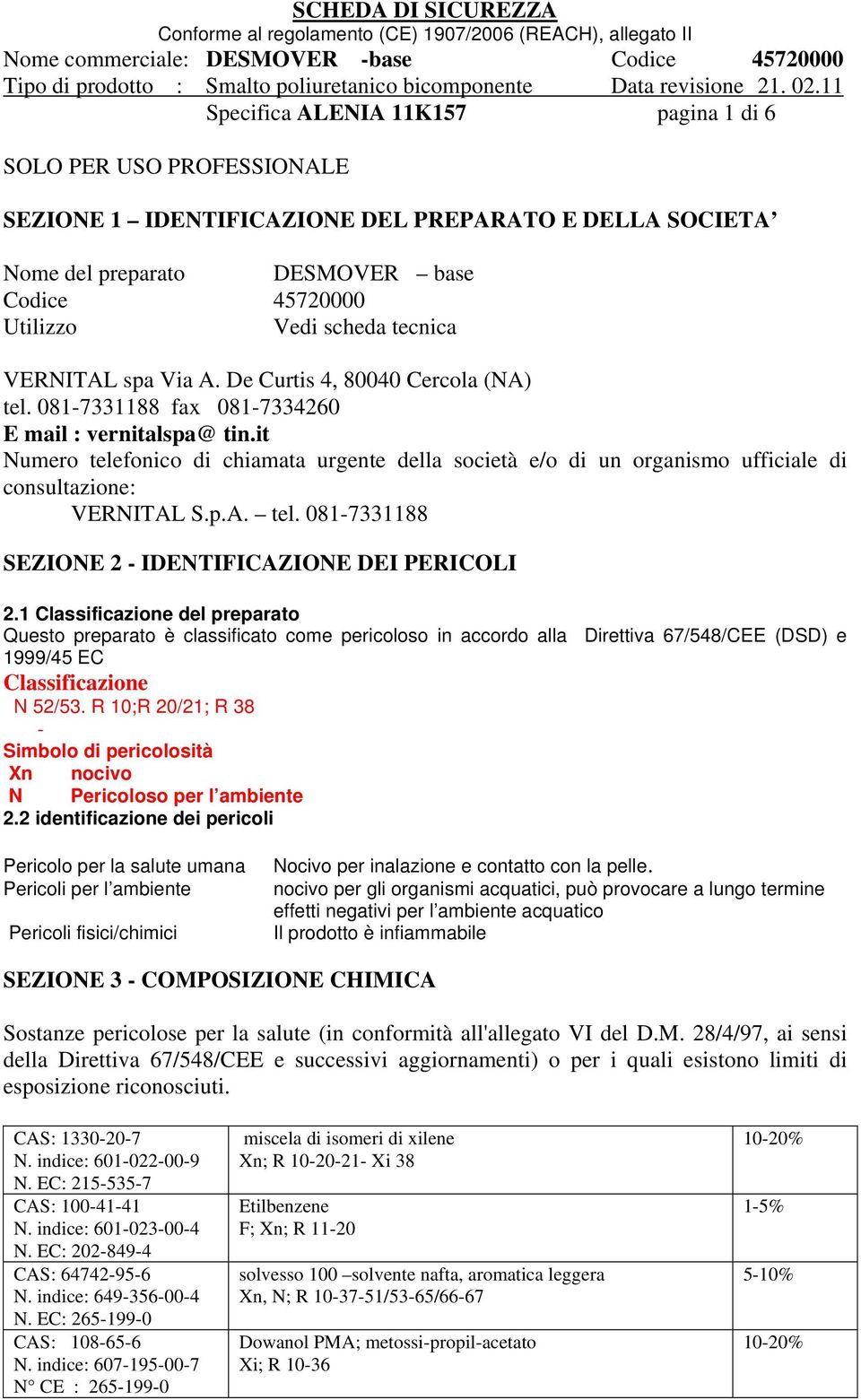 it Numero telefonico di chiamata urgente della società e/o di un organismo ufficiale di consultazione: VERNITAL S.p.A. tel. 081-7331188 SEZIONE 2 - IDENTIFICAZIONE DEI PERICOLI 2.