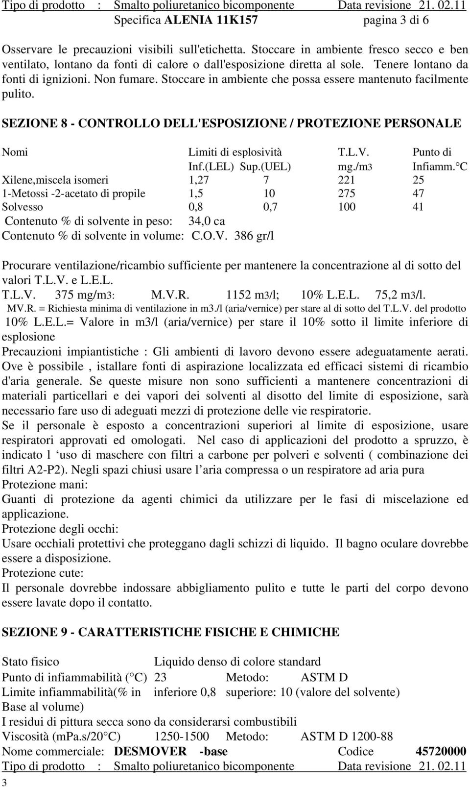 Stoccare in ambiente che possa essere mantenuto facilmente pulito. SEZIONE 8 - CONTROLLO DELL'ESPOSIZIONE / PROTEZIONE PERSONALE Nomi Limiti di esplosività T.L.V. Punto di Inf.(LEL) Sup.(UEL) mg.