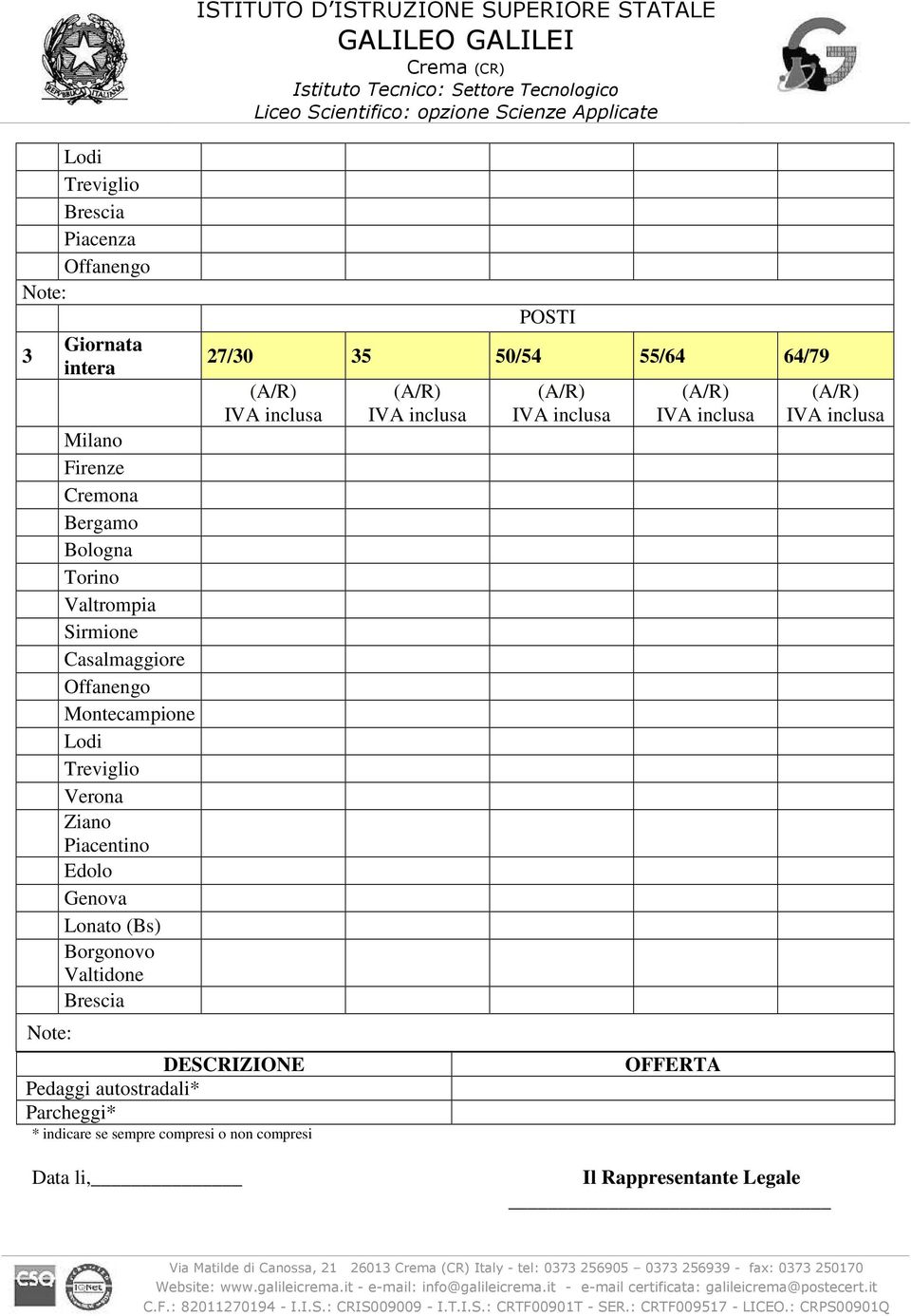 (Bs) Borgonovo Valtidone Brescia ISTITUTO D ISTRUZIONE SUPERIORE STATALE POSTI 27/30 35 50/54 55/64 64/79 DESCRIZIONE