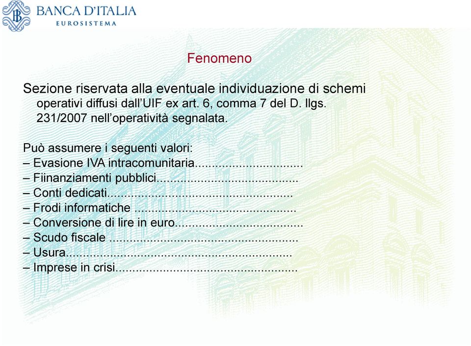 Può assumere i seguenti valori: Evasione IVA intracomunitaria... Fiinanziamenti pubblici.