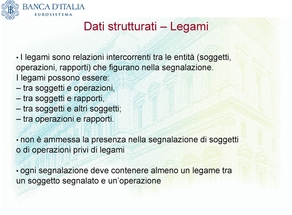 I legami possono essere: tra soggetti e operazioni, tra soggetti e rapporti, tra soggetti e altri soggetti; tra