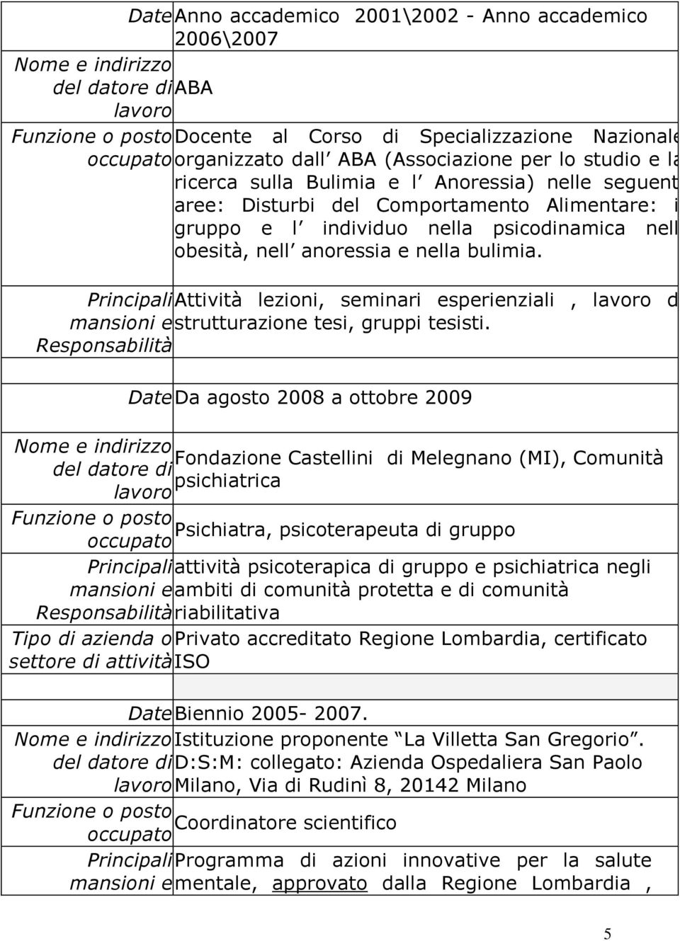 Principali Attività lezioni, seminari esperienziali, di mansioni e strutturazione tesi, gruppi tesisti.