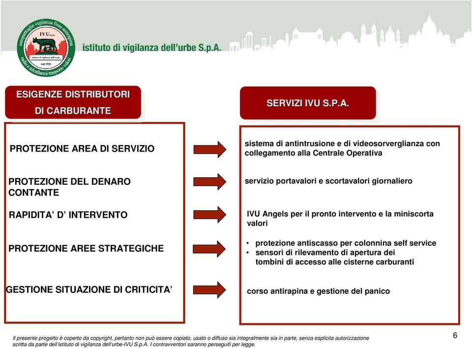 Centrale Operativa PROTEZIONE DEL DENARO CONTANTE RAPIDITA D INTERVENTO PROTEZIONE AREE STRATEGICHE servizio portavalori e scortavalori giornaliero IVU