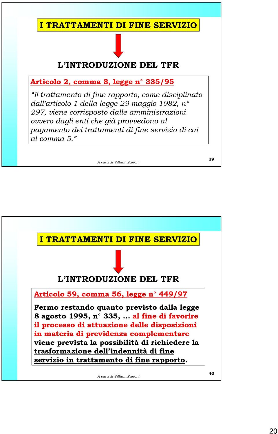 39 I TRATTAMENTI DI FINE SERVIZIO L INTRODUZIONE DEL TFR Articolo 59, comma 56, legge n 449/97 Fermo restando quanto previsto dalla legge 8 agosto 1995, n 335, al fine di favorire il