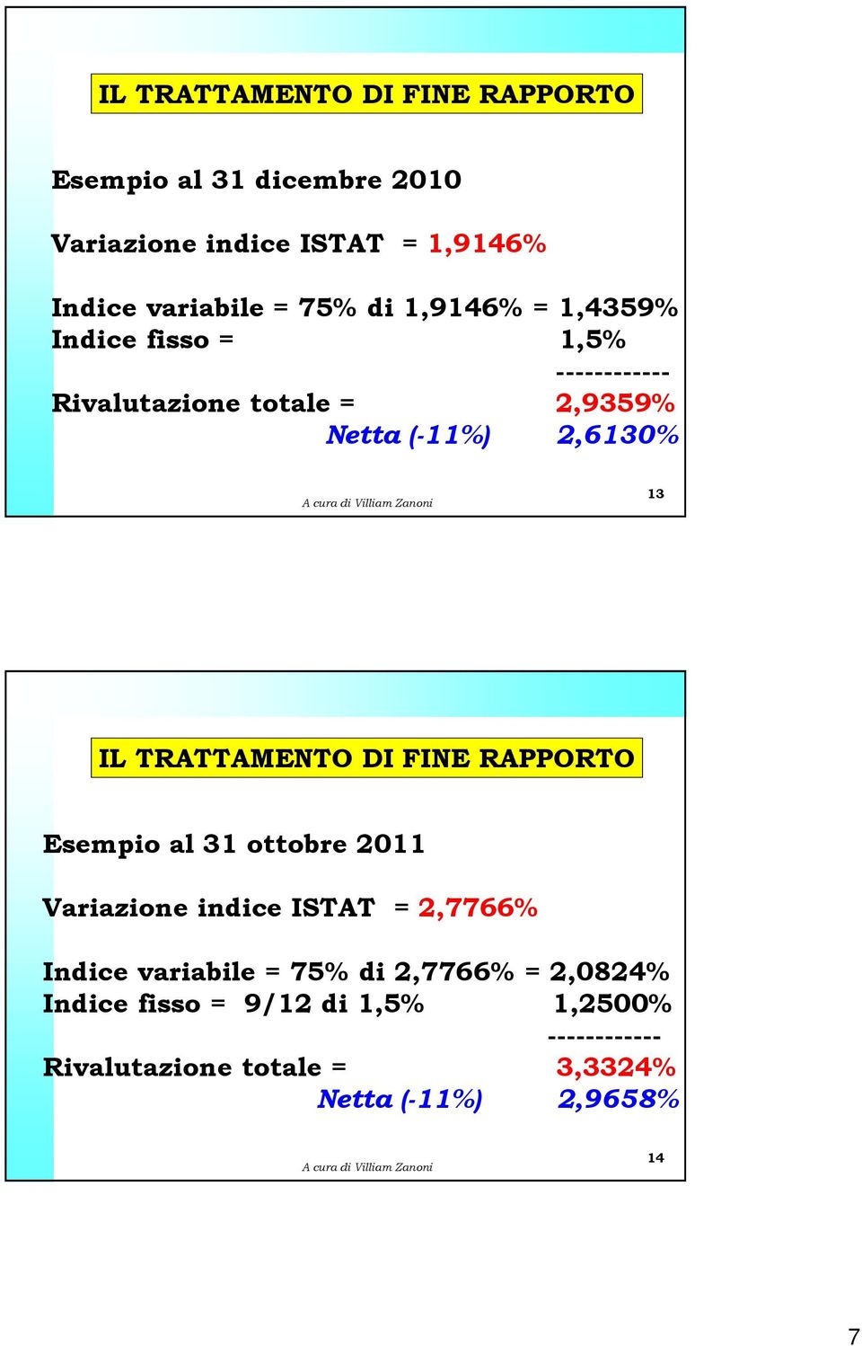 TRATTAMENTO DI FINE RAPPORTO Esempio al 31 ottobre 2011 Variazione indice ISTAT = 2,7766% Indice variabile = 75% di