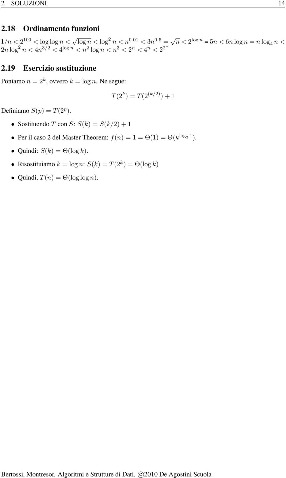 19 Esercizio sostituzione Poniamo n = k, ovvero k = log n. Ne segue: Definiamo S(p) = T ( p ).