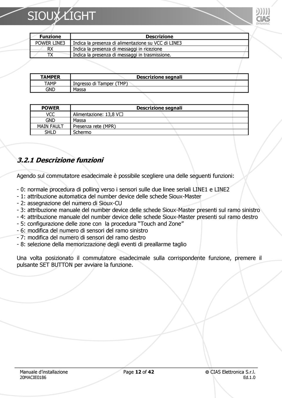 1 Descrizione funzioni Agendo sul commutatore esadecimale è possibile scegliere una delle seguenti funzioni: - 0: normale procedura di polling verso i sensori sulle due linee seriali LINE1 e LINE2-1: