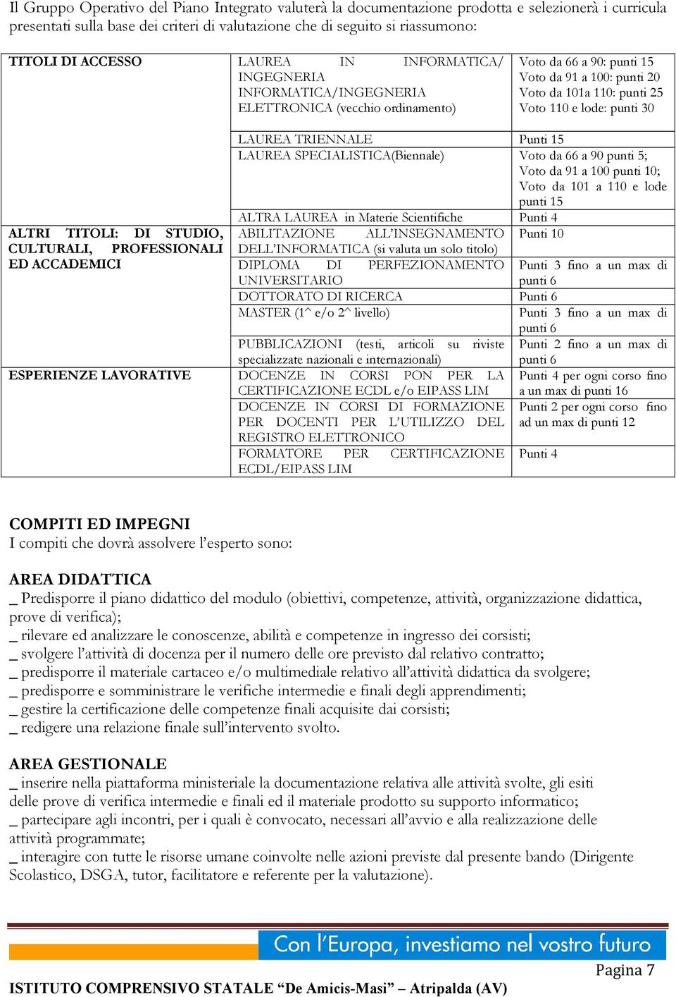 Scientifiche Punti 4 ALTRI TITOLI: DI STUDIO, ABILITAZIONE ALL INSEGNAMENTO Punti 10 CULTURALI, PROFESSIONALI DELL INFORMATICA (si valuta un solo titolo) DIPLOMA DI PERFEZIONAMENTO Punti 3 fino a un