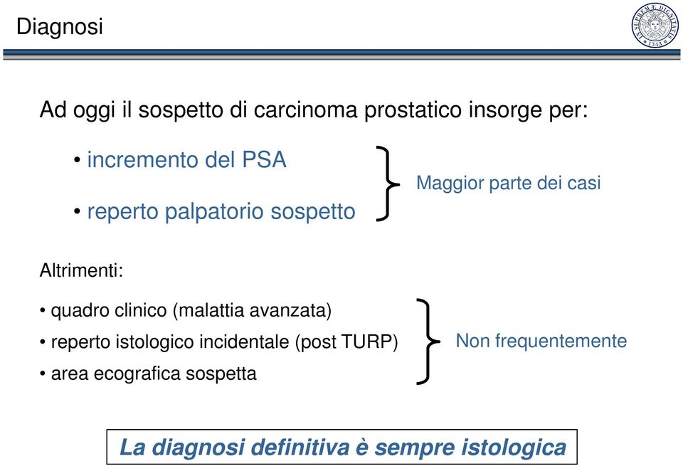 clinico (malattia avanzata) reperto istologico incidentale (post TURP) area