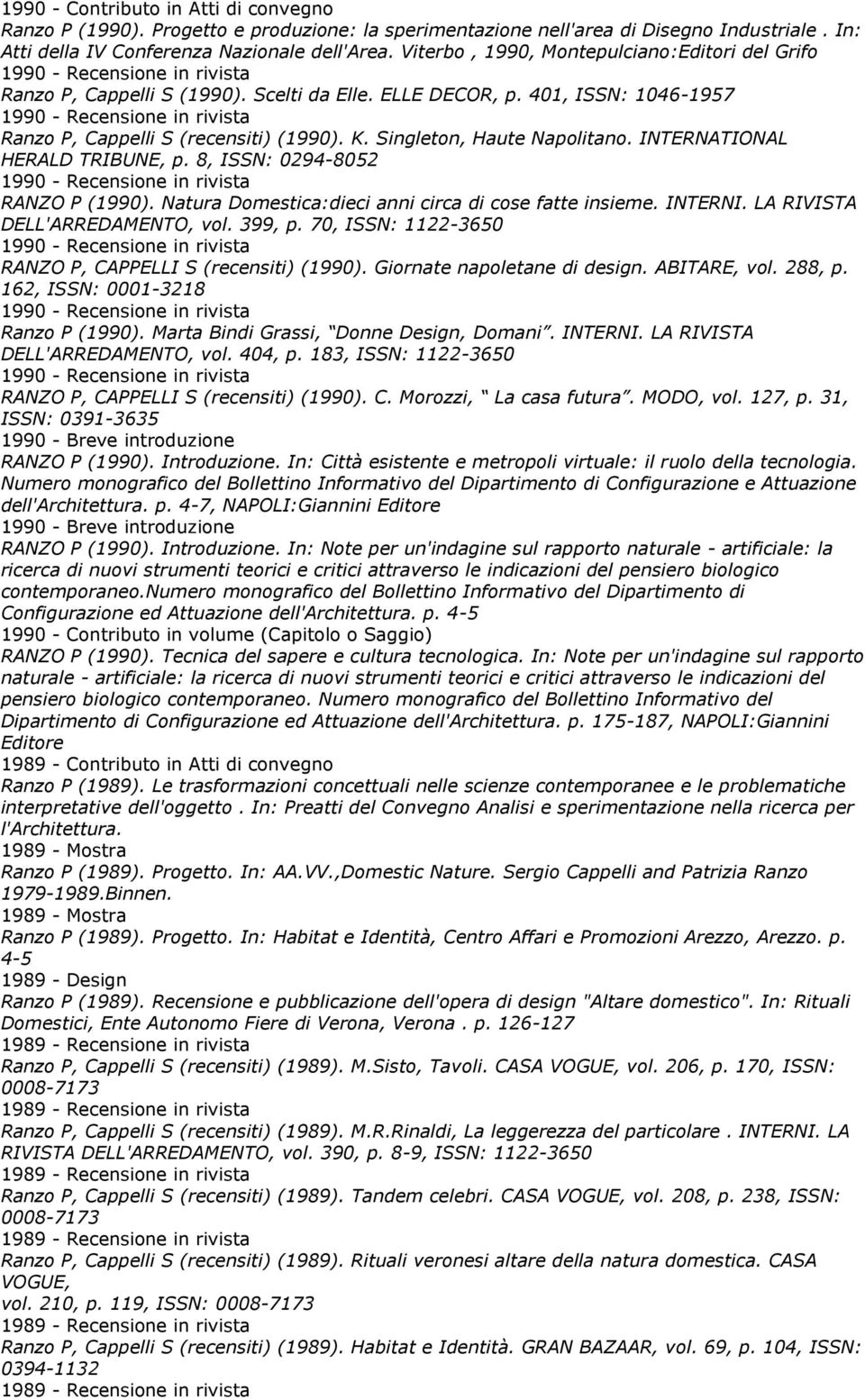 401, ISSN: 1046-1957 1990 - Recensione in rivista Ranzo P, Cappelli S (recensiti) (1990). K. Singleton, Haute Napolitano. INTERNATIONAL HERALD TRIBUNE, p.