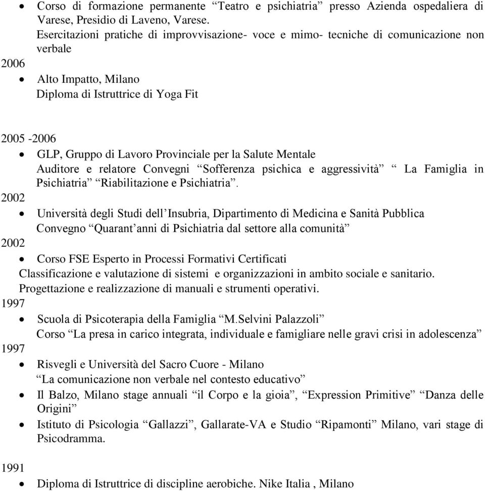 Lavoro Provinciale per la Salute Mentale Auditore e relatore Convegni Sofferenza psichica e aggressività La Famiglia in Psichiatria Riabilitazione e Psichiatria.