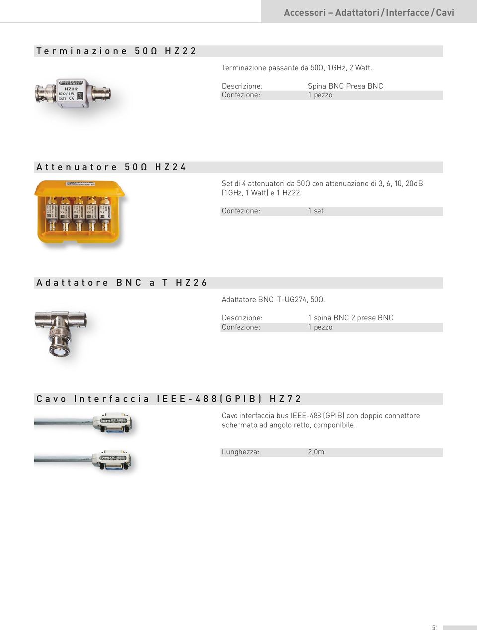 1 Watt) e 1 HZ22. 1 set Adattatore BNC a T HZ26 Adattatore BNC-T-UG274, 50 Ω.