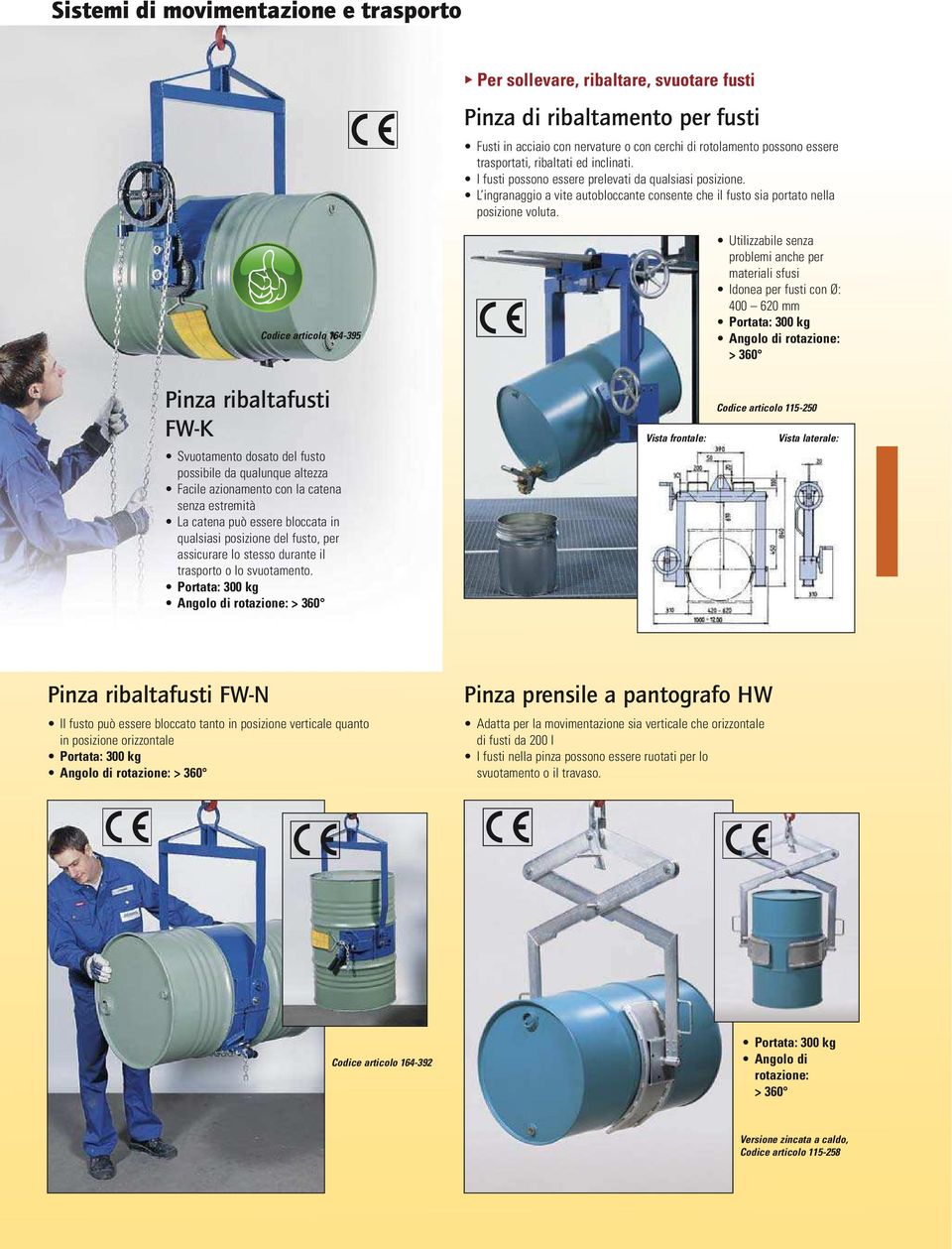 164-395 Utilizzabile senza problemi anche per materiali sfusi Idonea per fusti con Ø: 400 620 mm Portata: 300 kg Angolo di rotazione: > 360 Pinza ribaltafusti FW-K Svuotamento dosato del fusto