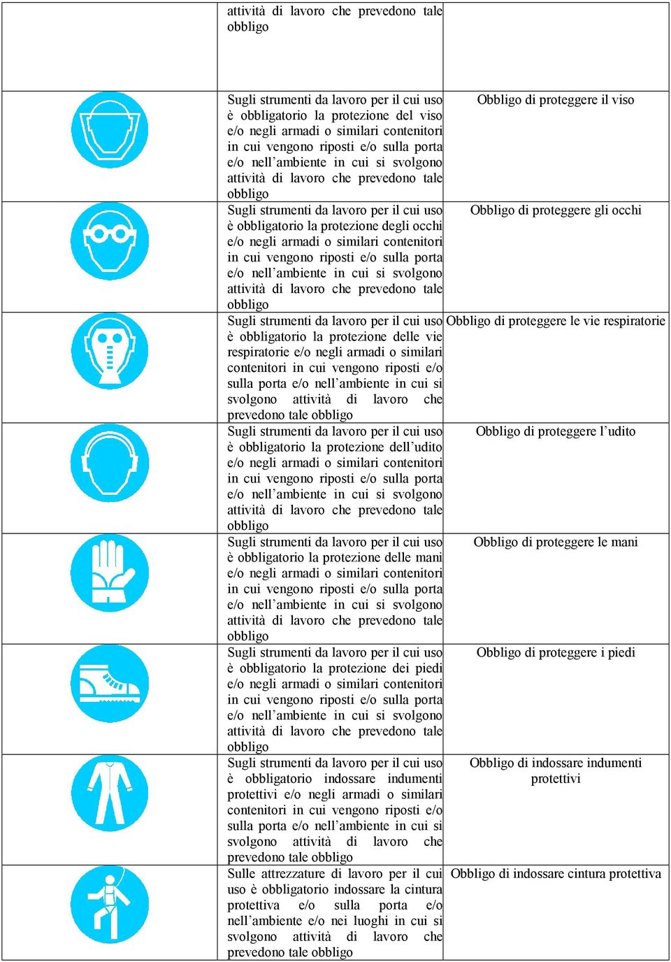 protezione degli occhi e/o negli armadi o similari contenitori in cui vengono riposti e/o sulla porta e/o nell ambiente in cui si svolgono attività di lavoro che prevedono tale Sugli strumenti da