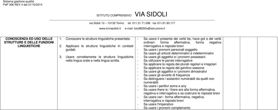 - Sa usare il presente dei verbi be, have got e dei verbi ordinari: forma affermativa, forma negativa interrogativa e risposte brevi - Sa usare i pronomi personali soggetto - Sa usare gli articoli