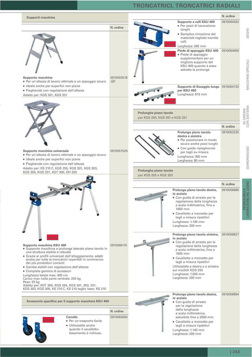 400 Piede di appoggio supplementare per un migliore supporto del KSU 400 quando è stata estratta la prolunga Supporto di fissaggio lungo per KSU 400 Lunghezza: 615 mm 0910064606 0910064720 MACCHINE