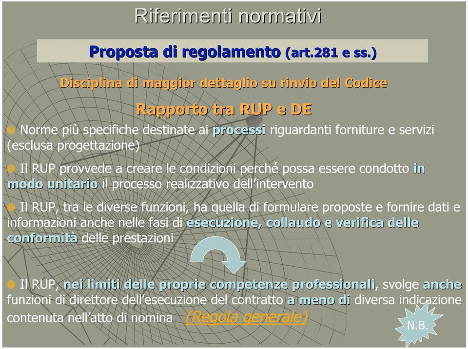 provvede a creare le condizioni perché possa essere condotto in modo unitario il processo realizzativo dell intervento Il RUP, tra le diverse funzioni, ha quella di formulare proposte e