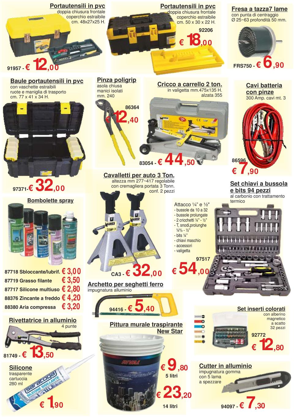 77 x 41 x 34 H. Pinza poligrip asola chiusa manici isolati mm. 240 Cricco a carrello 2 ton. in valigetta mm.475x135 H. alzata 355 Cavi batteria con pinze 300 Amp. cavi mt.