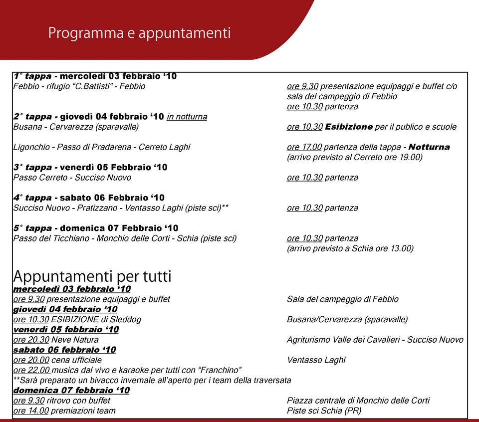 Nuovo 4 tappa - sabato 06 Febbraio 10 Succiso Nuovo - Pratizzano - Ventasso Laghi (piste sci)** 5 tappa - domenica 07 Febbraio 10 Passo del Ticchiano - Monchio delle Corti - Schia (piste sci) ore 9.